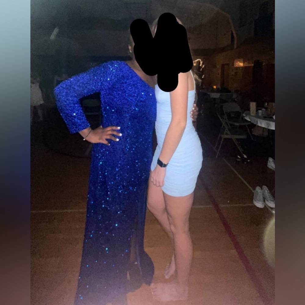 Floor length formal gown, blue with sequins